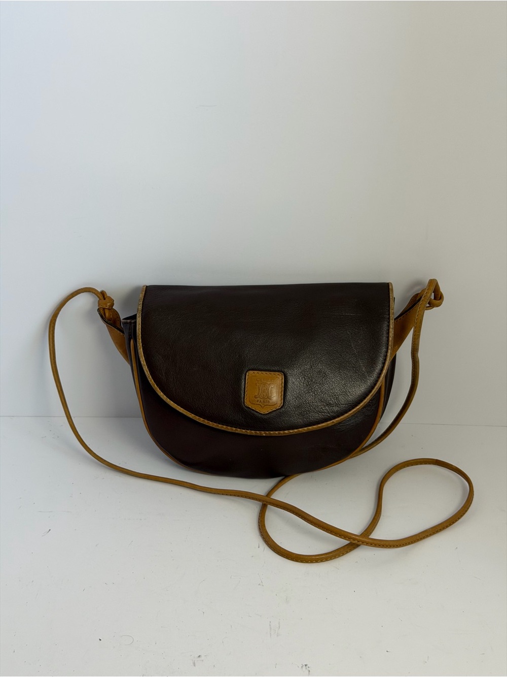Vintage Celine Triomphe Logo Chocolate Brown Leather Crossbody Bag